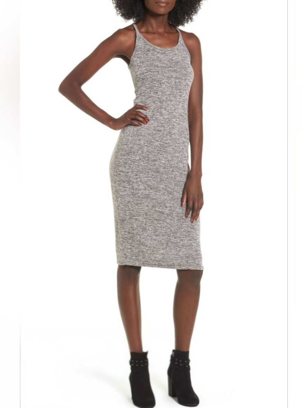 (NWT) Leith Melange Gray Cloudy Heather Sleeveless Body-Con Stretch Knit Dress